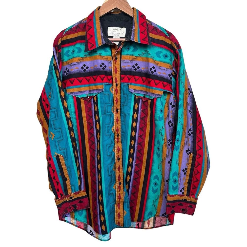 Vintage Men’s Longhorn Aztec Western Brushpopper Button Up Shirt Size XL